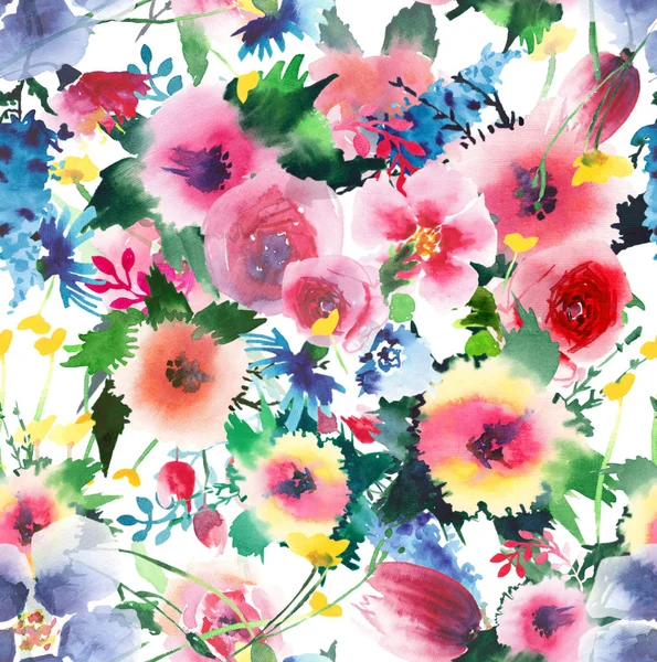 Cute beautiful bright lovely floral colorful wildflowers rose cornflowers mallow delphinium lupins with buds pattern watercolor hand illustration — Stock Photo, Image