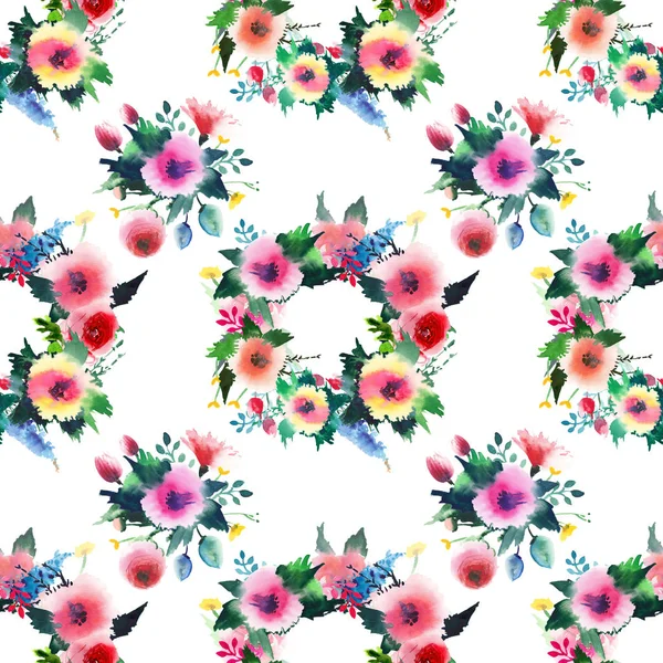 Linda brilhante sofisticado bonito primavera floral colorido flores silvestres com botões coroa padrão aquarela mão ilustração — Fotografia de Stock