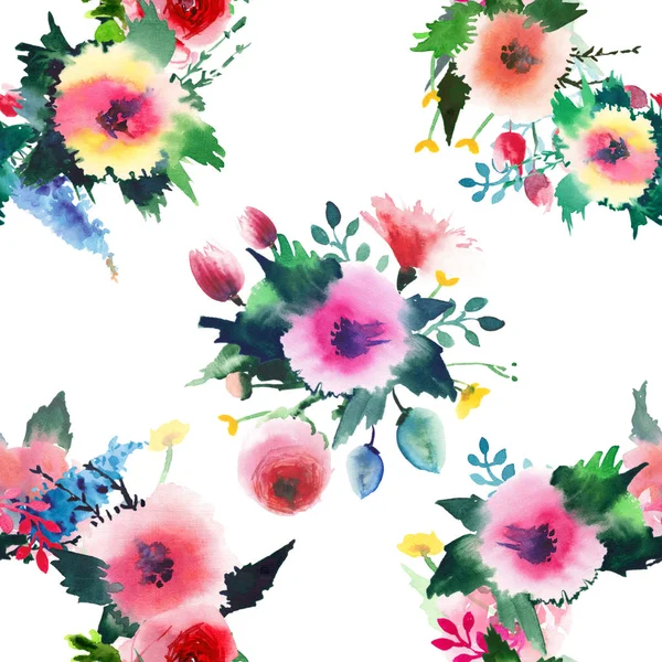 Mooi helder verfijnde mooie schattige bloemen voorjaar kleurrijke wilde bloemen, met toppen samenstelling aquarel illustratie van de hand — Stockfoto