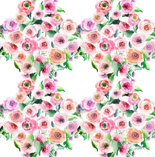 Maravilhoso bonito brilhante sofisticado lindo magnífico primavera colorido flores silvestres rosas com botões padrão aquarela mão esboço — Fotografia de Stock