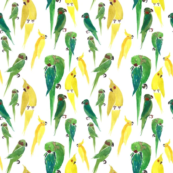 Υπέροχο φωτεινό χαριτωμένο ζούγκλα όμορφο κίτρινο και πράσινο παπαγάλοι τυχαίο μοτίβο ακουαρέλα χέρι εικονογράφηση — Φωτογραφία Αρχείου