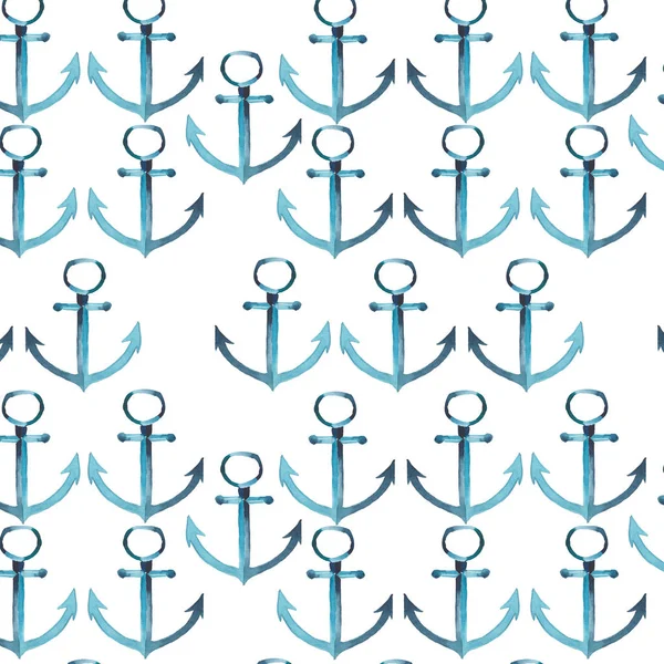 Heldere schattig grafisch mooie zomer zee verse marine blauwe ankers patroon aquarel hand schets — Stockfoto