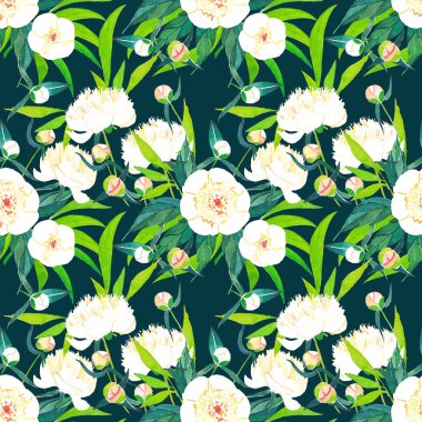 Parlak güzel grafik bahar tomurcukları ve koyu kahverengi zemin suluboya el illüstrasyon yeşil yaprakları desen ile sofistike harika çiçek beyaz peonies