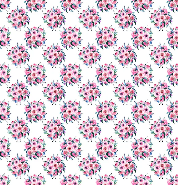 멋진 귀여운 사랑 스러운 아름 다운 봄 다채로운 야생화 장미 꽃 봉 오리 패턴 수채화 그림 손 — 스톡 사진