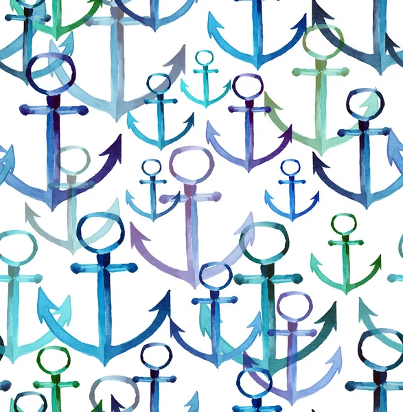 Bright hermoso lindo verano mar fresco marino azul anclas diferentes formas y colores patrón acuarela mano ilustración —  Fotos de Stock