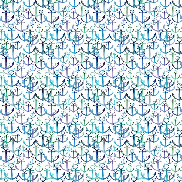 Zářivě krásné roztomilé grafické krásné letní moře čerstvé mořské modré kotvy různé tvary a barvy vzor akvarel ruku skica — Stock fotografie