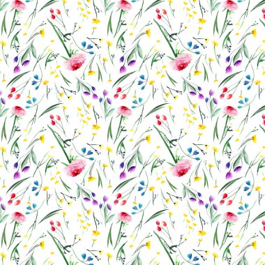 Güzel narin parlak çiçek bahar renkli delphiniums lupins rose ve Peygamber desen tomurcukları, yaprak ve ot suluboya el kroki ile