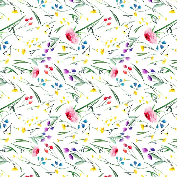 Krásné elegantní květinové jarní barevné delphiniums lupiny růže a chrpy vzorek s pupeny, zelené listy a trávu akvarel rukou skici — Stock fotografie