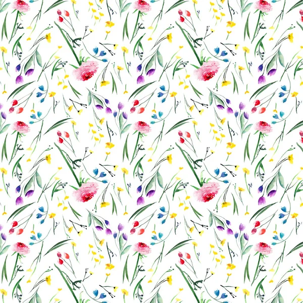 Vackra fina ljusa blommiga våren färgglada Riddarsporrar lupiner rose och blåklint mönster med knoppar, löv och gräs akvarell hand skiss — Stockfoto