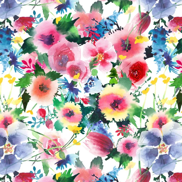 Beautiful bright tender elegant sophisticated lovely spring colorful wildflowers with buds pattern watercolor hand sketch — Stock Photo, Image