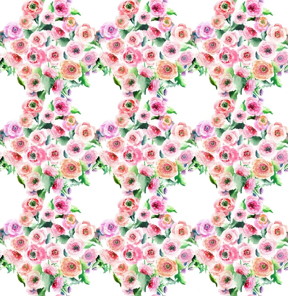 Sophisticated lovely magnificent spring colorful wildflowers roses with buds and green leaves pattern watercolor hand illustration — Stock Photo, Image