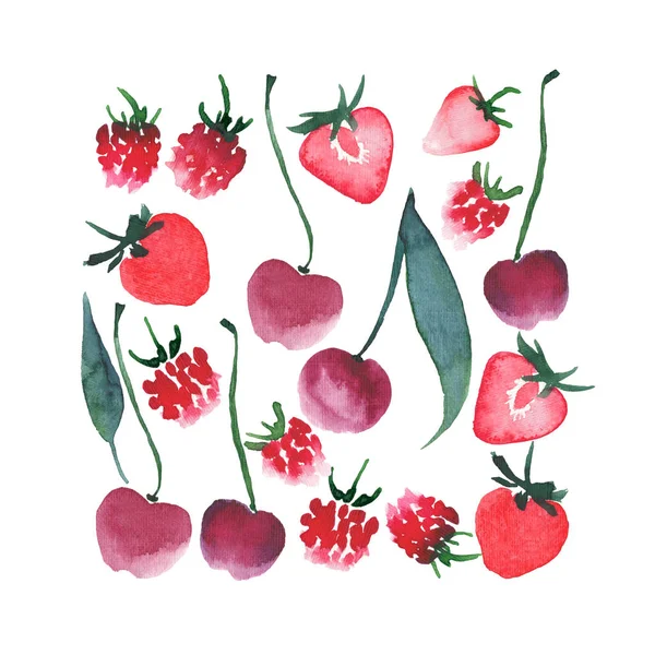 美しい明るい熟したおいしいジューシーな新鮮な果実桜ラズベリー ストロベリー水彩手スケッチ — ストック写真