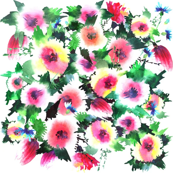 Schöne helle schöne wunderbare süße Frühling Blumen Kräuter bunte Wildblumen Rose Kornblumen Malve Delphinium Lupinen mit Knospen Muster Aquarell Handskizze — Stockfoto