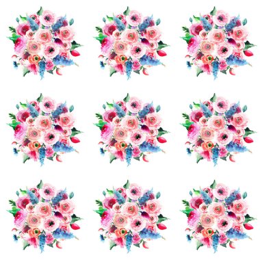 Parlak sofistike çiçek bahar tomurcukları ve yeşil renkli kır çiçekleri yaprakları çelenk desen suluboya el çizimi