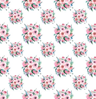 Zarif harika renkli yumuşak yumuşak pembe bahar bitkisel kır çiçekleri vereceğim ebegümeci delphinium tomurcukları ve yaprakları kompozisyon suluboya el çizim ile yükseldi