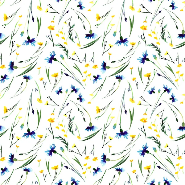 Милі елегантні ніжні ніжні ніжні яскраві квіткові весняні барвисті дельфіни та кукурудзяні квіти з бутонами та трав'яним візерунком акварельна ручна ілюстрація — стокове фото