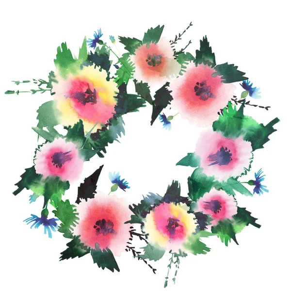 Adorável bonito elegante ervas brilhante sofisticado floral primavera colorido flores silvestres com botões coroa de flores ilustração mão aquarela — Fotografia de Stock