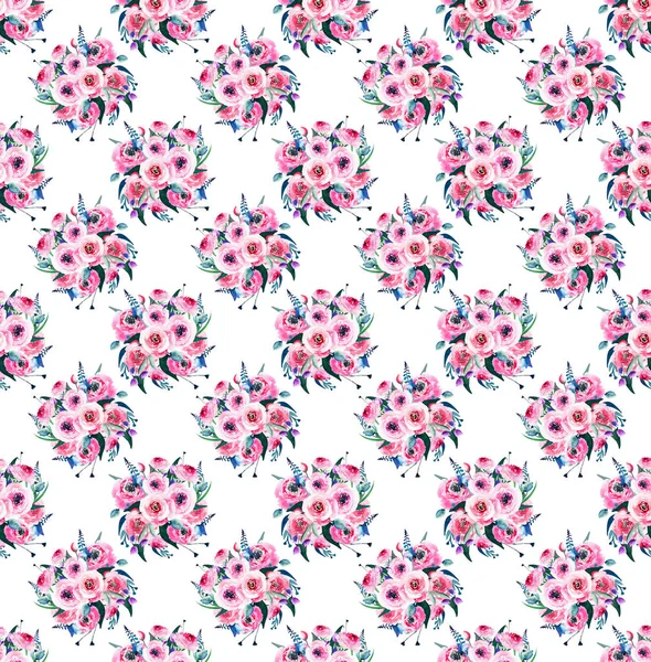 Kwiatowy elegancki wspaniałe kolorowe przetargu delikatny różowy wiosna ziołowe kwiaty róży delphinium mallow chabry z pąki i liście skład akwarela ręcznie szkic — Zdjęcie stockowe