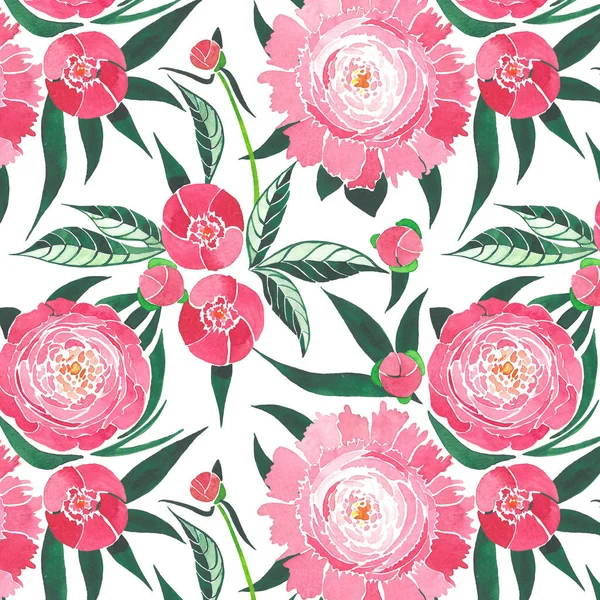Красивая сложная милая милая нежная растительная цветочная композиция розовых пионов с зелеными листьями и красными бутонами узор акварели ручная иллюстрация — стоковое фото