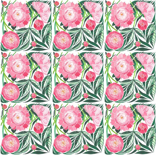 ホワイト バック グラウンド パターン水彩手図の緑の葉とピンクの牡丹の美しい優しいハーブ花カラフルな成分 — ストック写真