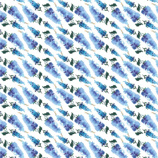 Πολύχρωμα χαριτωμένο καλλιτεχνική γραφική floral βότανα ανοιξιάτικη φως μπλε delphiniums βρίσκεται διαγωνίως μοτίβο ακουαρέλα χέρι σκίτσο — Φωτογραφία Αρχείου
