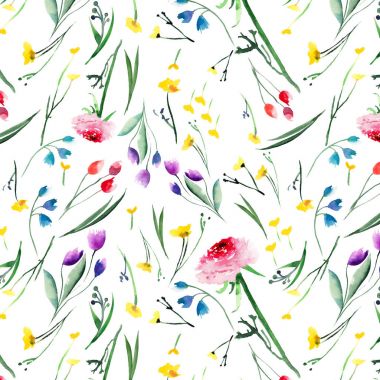 Güzel narin parlak çiçek sarı pembe kırmızı menekşe mor mavi delphiniums Peygamber ve gül tomurcukları, desenle bırakır ve suluboya el illüstrasyon çim