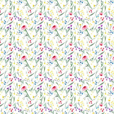 Güzel zarif çiçek bahar renkli delphiniums lupins rose ve Peygamber desen tomurcukları, yeşil yaprakları ile çim suluboya el kroki