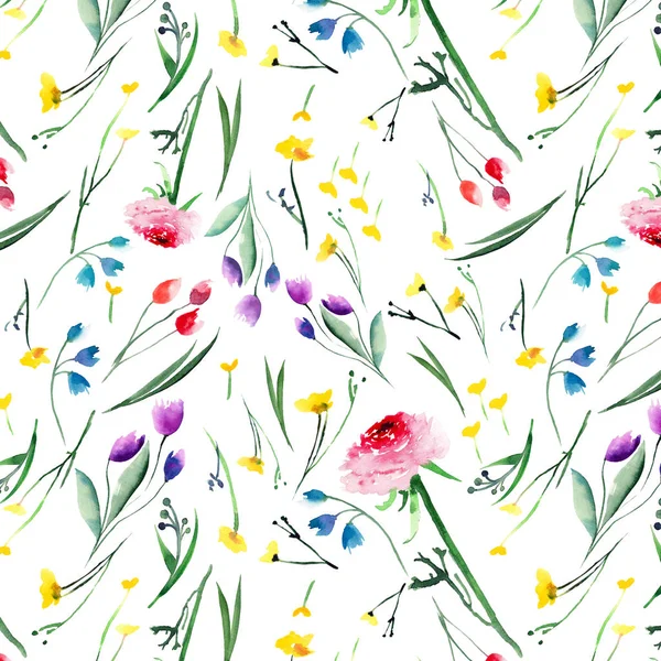 Beautiful delicate bright floral yellow pink red violet purple blue delphiniums rose and cornflowers pattern with buds, leaves and grass watercolor hand illustration — Stock Photo, Image