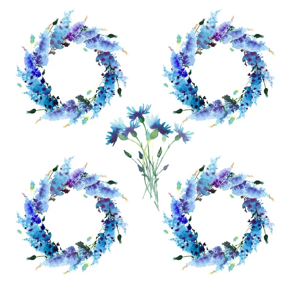 Maravilhoso lindo brilhante floral herbal primavera colorido delphiniums e flores de milho grinalda com brotos padrão aquarela mão ilustração — Fotografia de Stock