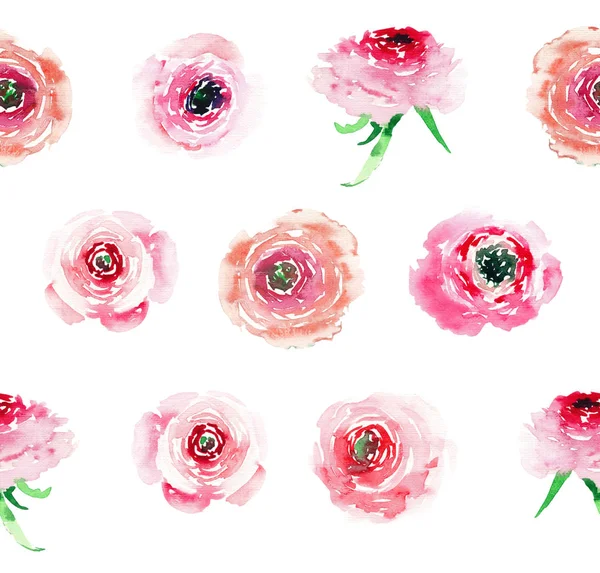 Τριαντάφυλλα πολύχρωμα αγριολούλουδα κομψό φωτεινό πανέμορφο εξελιγμένα μαγευτική ανοιξιάτικη με μπουμπούκια και πράσινα φύλλα μοτίβο ακουαρέλα χέρι σκίτσο — Φωτογραφία Αρχείου