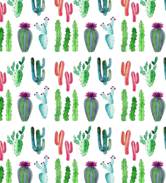 Brillante lindo maravilloso mexicano tropical verde patrón de verano floral de un cactus colorido con flores patrón vertical acuarela mano ilustración — Foto de Stock