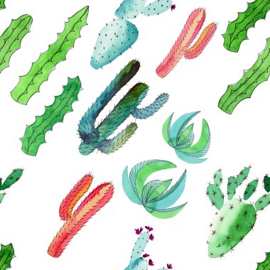 El çizimi sofistike parlak güzel sanatsal grafik bitkisel güzel çiçek bitkisel muhteşem şirin bahar renkli kaktüsler köşegen desen suluboya ve kalem