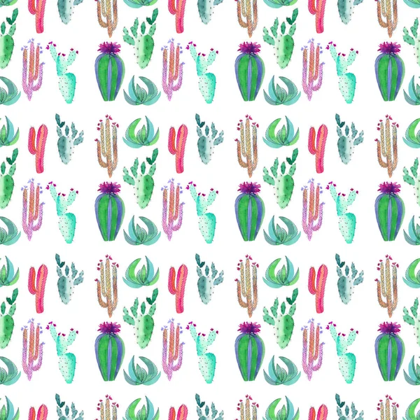 Brillante lindo maravilloso patrón de verano floral de hierbas tropicales mexicanas de un cactus colorido con flores patrón vertical acuarela boceto de mano — Foto de Stock