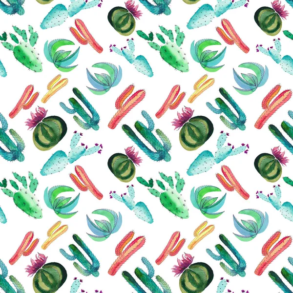 Gorgeous bright beautiful sophisticated herbal floral mexican composition of a colorful cacti with flowers diagonal pattern watercolor and pen hand illustration — Stock Photo, Image