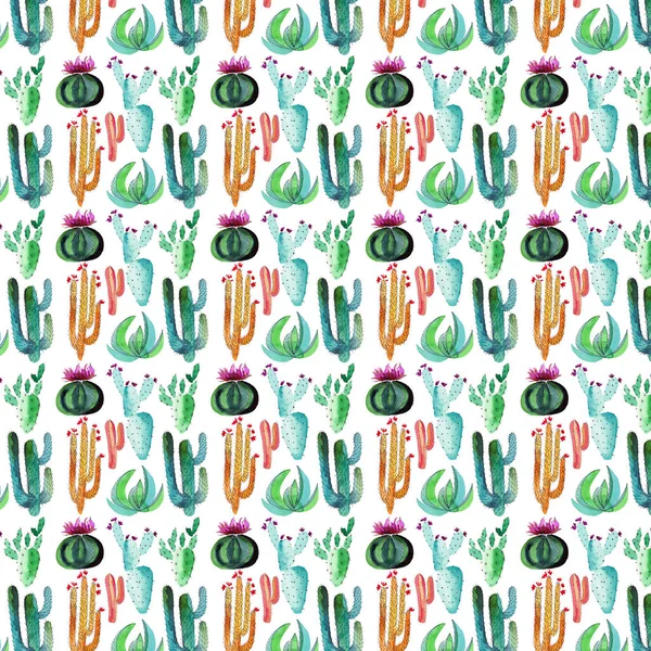 Cute wonderful mexican hawaii tropical green floral summer pattern of a colorful cacti with flowers vertical pattern watercolor hand illustration — Stock Photo, Image