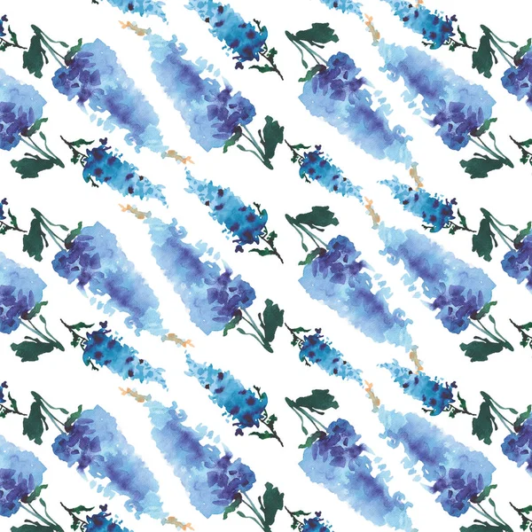 Hermoso gráfico hermoso brillante tierno floral herbario primavera colorido azul claro delfinios situado diagonalmente patrón acuarela mano ilustración — Foto de Stock