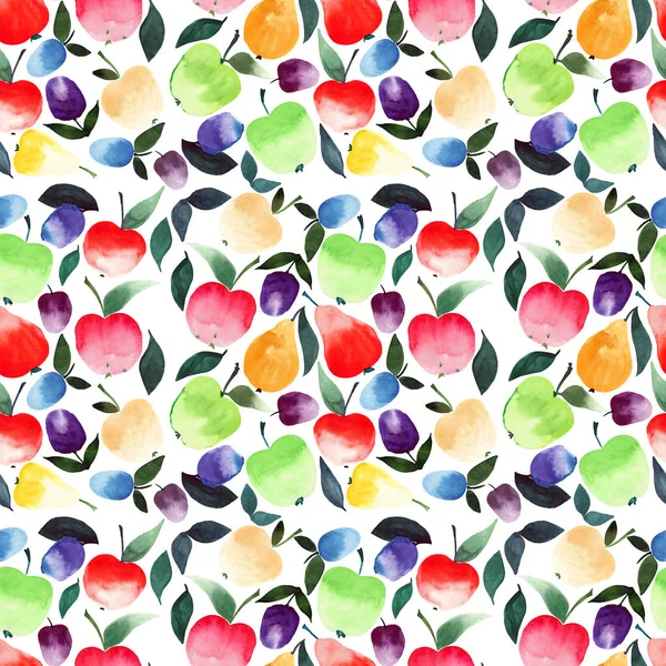 Beautiful graphic colorful lovely bright summer juicy tasty pears apples plums orange green red violet and yellow colors with green leaves pattern watercolor hand sketch — Stock Photo, Image