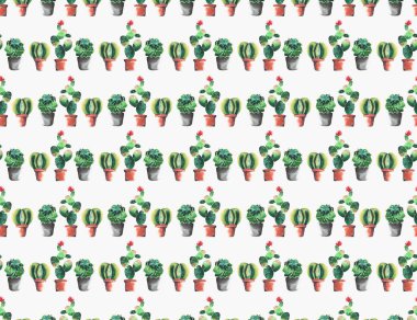 Kırmızı ve kahverengi kil tencere çiçek dikey ışıma suluboya el çizim ile renkli bir kaktüs yeşil sanatsal soyut güzel parlak tropikal bitki çiçek yaz desen