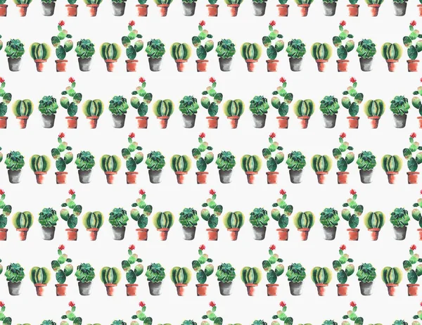 Green artistic abstract beautiful bright tropical herbal floral summer pattern of a colorful cacti in red and brown clay pots with flowers vertical pattern watercolor hand illustration — Stock Photo, Image