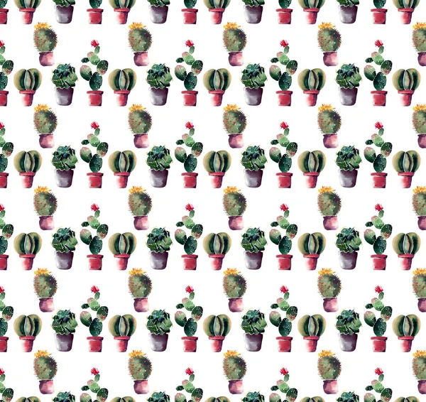 Gráfico artístico abstracto hermoso verde tropical brillante patrón de verano floral de un cactus colorido en macetas de arcilla roja y marrón con flores patrón vertical acuarela boceto de mano — Foto de Stock