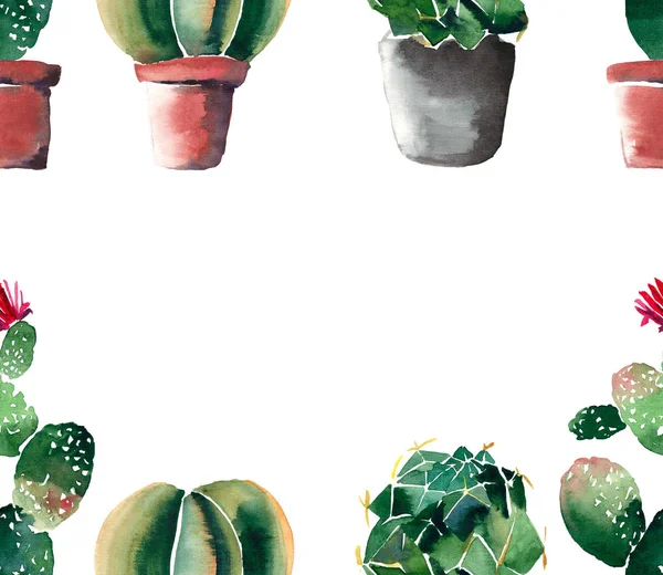 Pintoresco gráfico brillante mexicano tropical verde floral patrón de verano de un cactus colorido en macetas de arcilla con flores marco acuarela boceto de mano — Foto de Stock