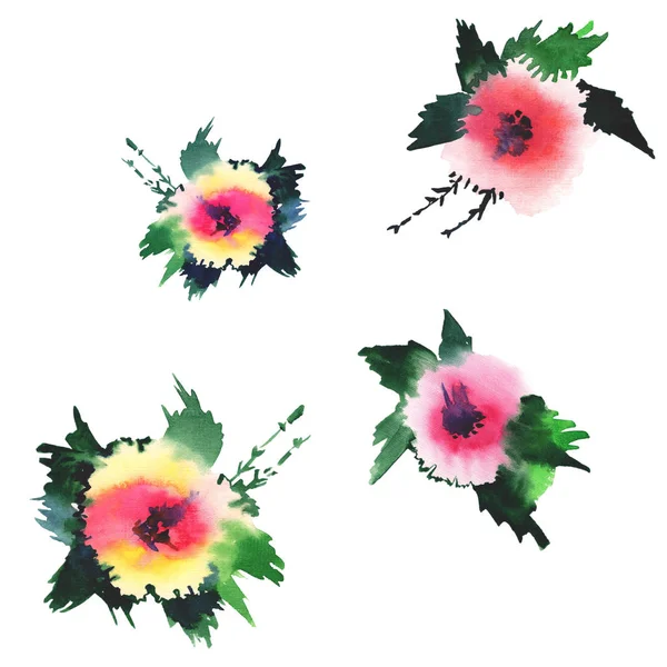 Mooie elegante kruiden heldere verfijnde floral voorjaar kleurrijke vier wilde bloemen met toppen en groene bladeren aquarel hand illustratie — Stockfoto