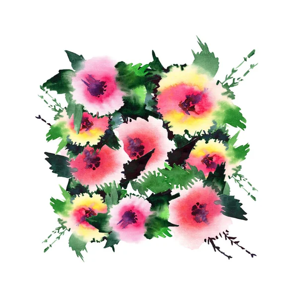 Mooie elegante kruiden helder verfijnde floral voorjaar kleurrijke wilde bloemen met toppen samenstelling aquarel hand illustratie — Stockfoto