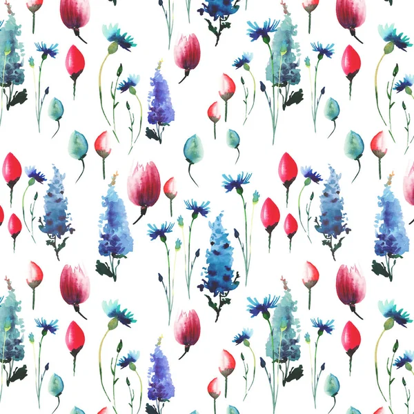 Vackra ljusa sofistikerade våren blommig växtbaserade färgglad textil blå Riddarsporrar röd rosa tulpaner och blå blåklint med knoppar mönster akvarell hand illustration — Stockfoto