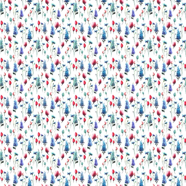 Brilhante maravilhoso gráfico sofisticado primavera floral herbal colorido têxtil azul delphiniums vermelho rosa tulipas e cornflowers azul com brotos padrão aquarela mão esboço — Fotografia de Stock