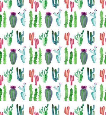 Çocuk boya suluboya el kroki gibi çiçekler dikey desenli parlak şirin harika Meksika tropikal çiçek yaz yeşil desen renkli bir kaktüs