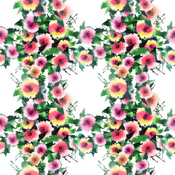 Χαριτωμένο διαγωνισμού Εξαιρετικό απαλό κομψό όμορφα εξελιγμένα ανοιξιάτικη τριαντάφυλλα πολύχρωμα αγριολούλουδα με μπουμπούκια και τα πράσινα φύλλα μοτίβο Υδατογραφία χέρι εικόνα — Φωτογραφία Αρχείου