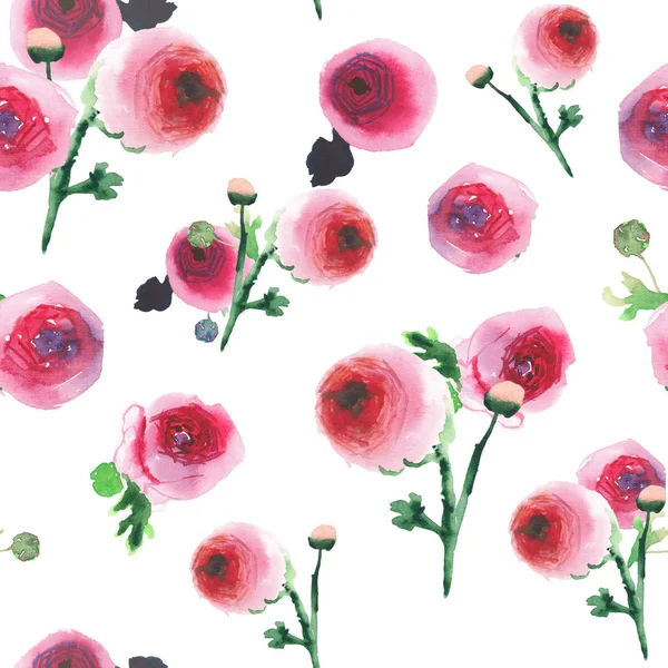 Krásné světlé roztomilý elegantní zadávací jemný krásné květinové barevné květy růžové a červené růže s pupeny a listy kytice diagonální vzor akvarel rukou skici — Stock fotografie