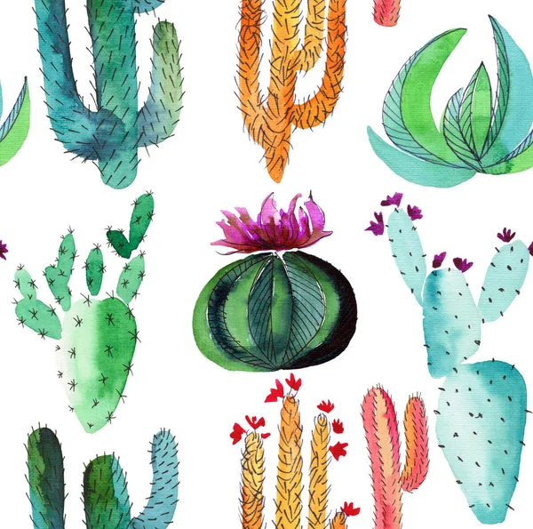 Maravilloso hermoso brillante mexicano tropical hawaii patrón floral cactus colorido con flores patrón vertical pintura como niño acuarela mano ilustración — Foto de Stock