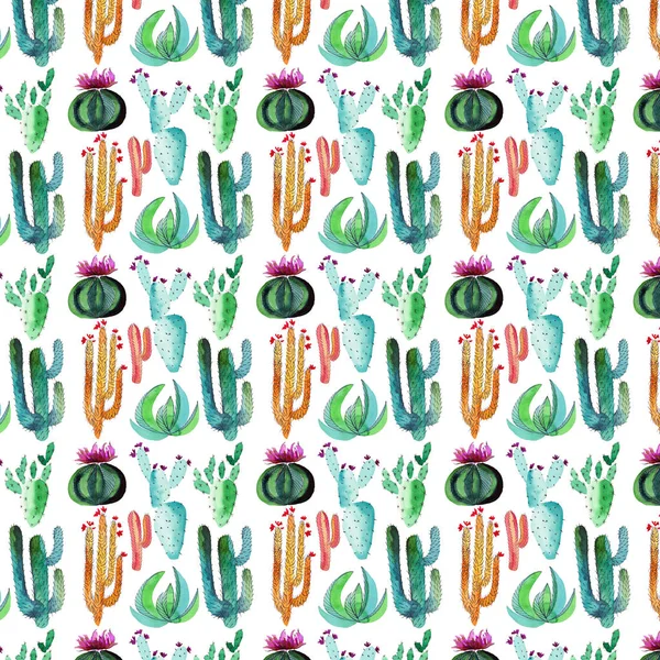 Maravilloso hermoso brillante mexicano tropical hawaii floral herbal verano verde patrón colorido cactus con flores vertical patrón pintura como niño acuarela mano bosquejo — Foto de Stock